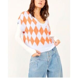 Free People Through The Motions Argyle Sweater Vest in Ice Combo Small